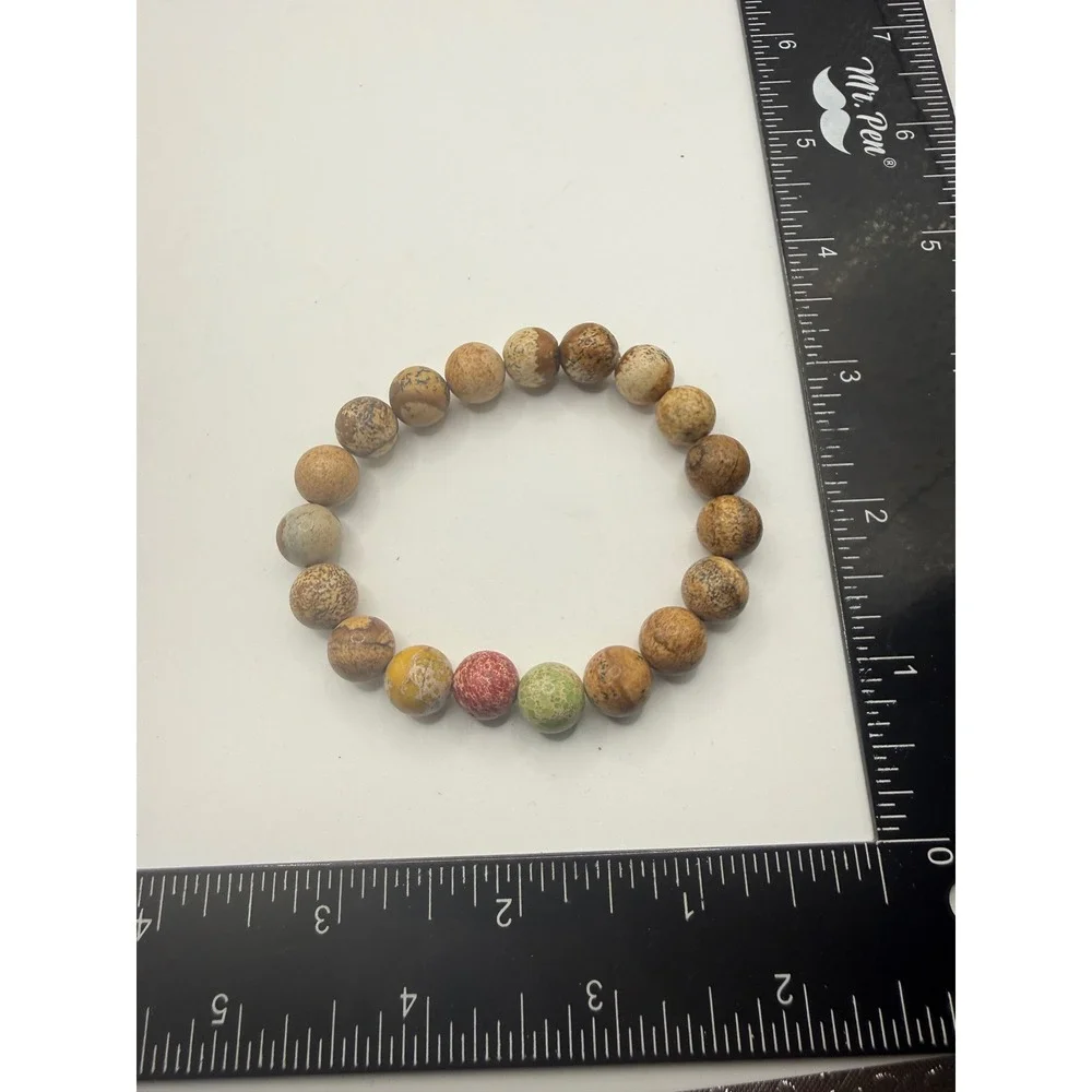 Natural Jasper Stone Bead Stretch Bracelet Earthy Brown‎ Tan Multi-Color Boho